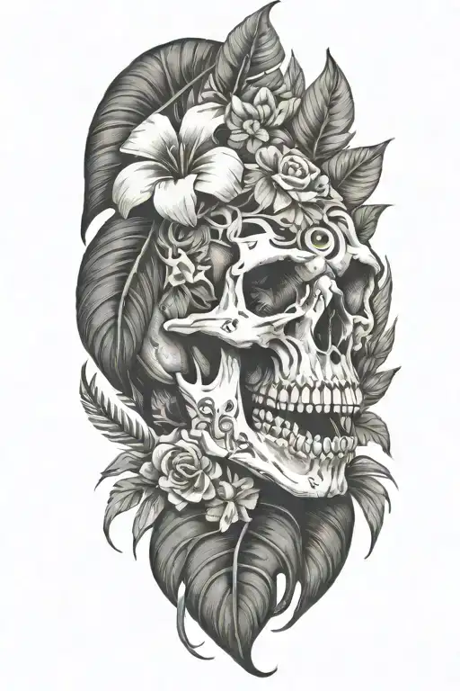 tropical leaves with flowers whith dinosaur skull tattoo design idea