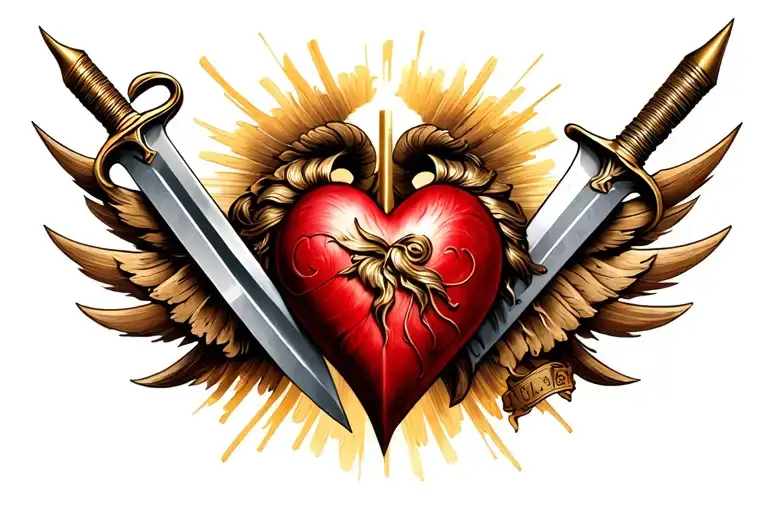 a sacred heart of Jesus tattoo. that includes a dagger going the left side and out the right side tattoo design idea