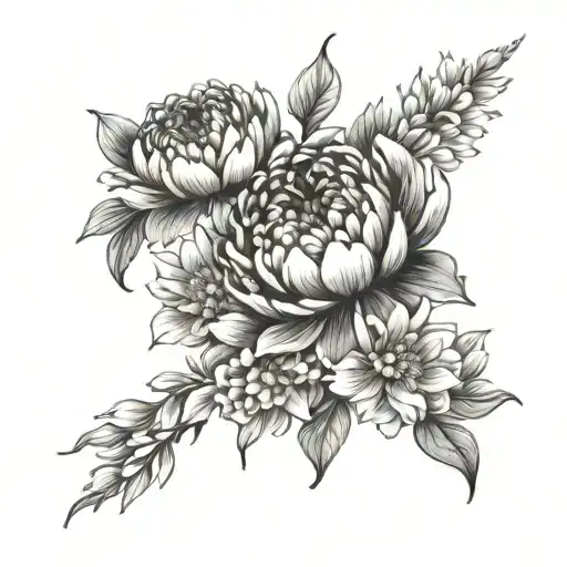 peony chrysanthemum lily bouquet tied tattoo design idea