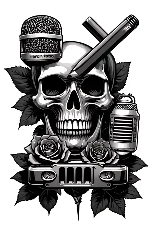 skull and roses that incorporates a carpenters square and pencil, a karaoke microphone, a bud light, and a Jeep Wrangler tattoo design idea