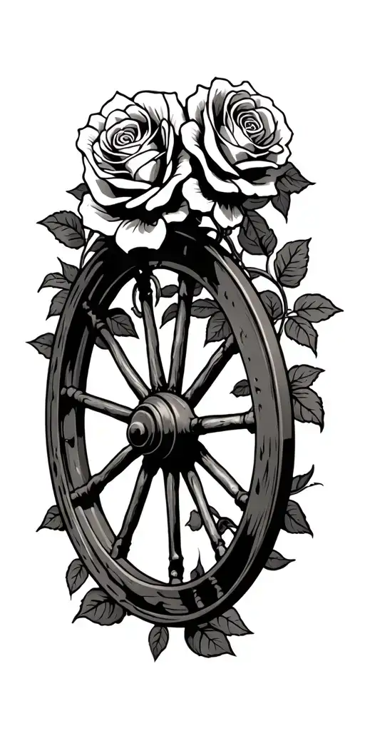 broken wagon wheel with roses intertwined Grateful Dead skeletons tattoo design idea