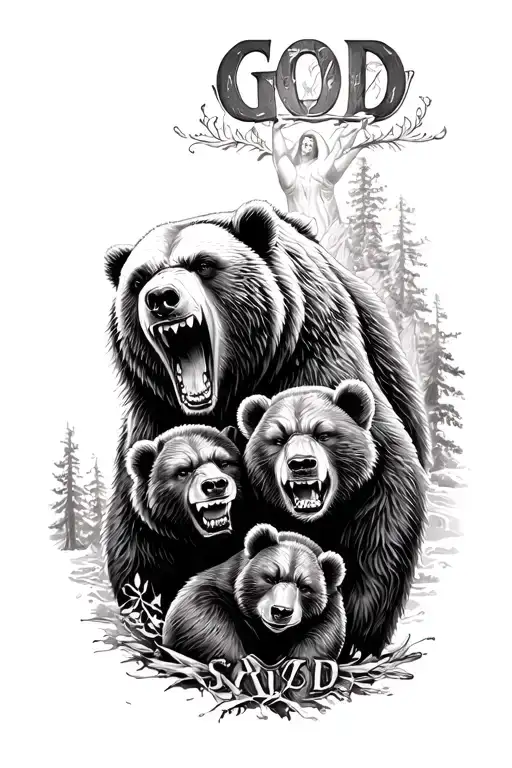 Outer forearm tattoo of angry mother bear protecting her cub with GOD watching over tattoo design idea