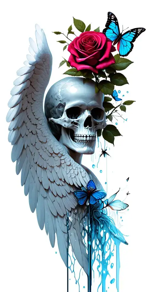 roses, angel wings, shattered glass, butterflies, skull  tattoo design idea
