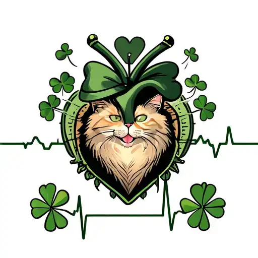 ECG heartline with a shamrock and cat incorporated  tattoo design idea