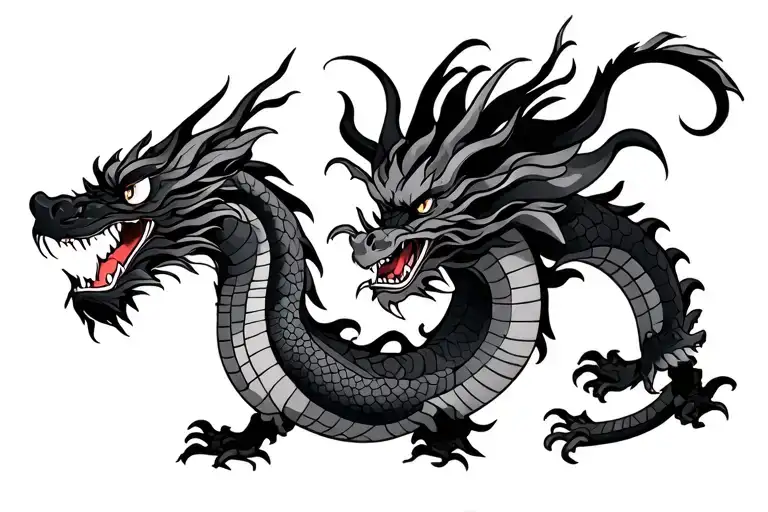 single head traditional Japanese dragon without wings black and grey full length design tattoo design idea