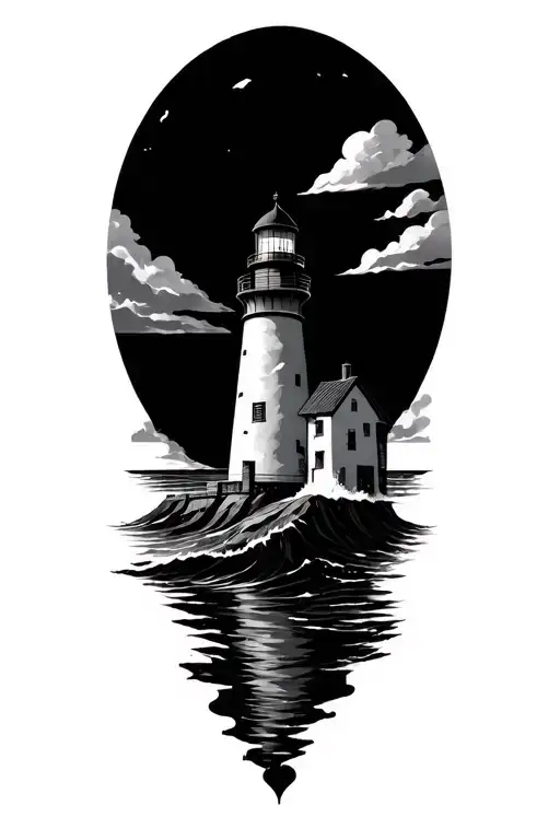 detailed lighthouse ocean silhouette of woman in black grey tattoo tattoo design idea