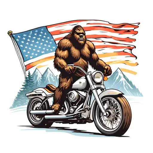 A mystical scene of Bigfoot riding a Harley road glide through the mountains, with the American flag flying in the background tattoo design idea