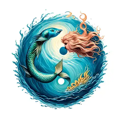 Posieden and Mermaid swimming in Ying Yang configuration tattoo design idea