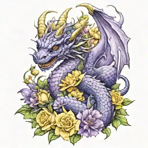 A realistic portrait of a dragon mother protecting her baby dragons in a garden of purple and yellow flowers tattoo design idea