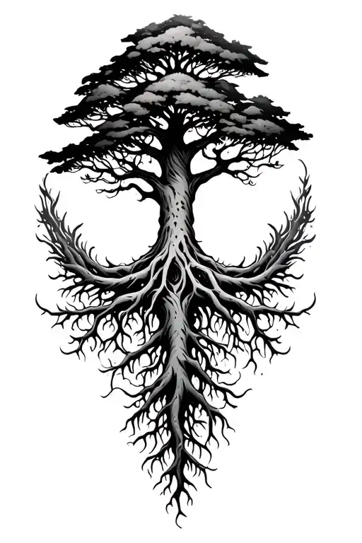 a tree with deep roots and patterns around it tattoo design idea
