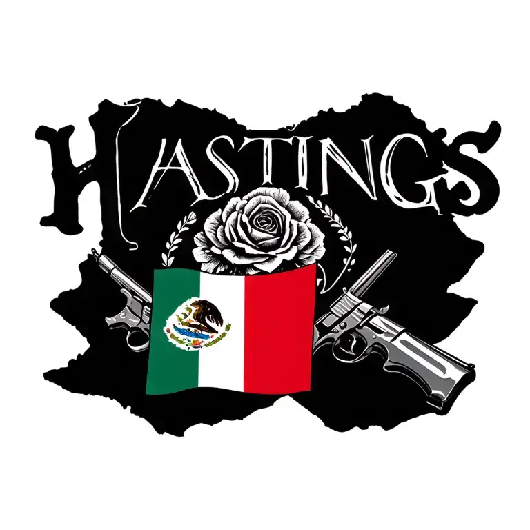 "HASTINGS" MEXICO FLAG WITH GUNS AND ROSES tattoo design idea