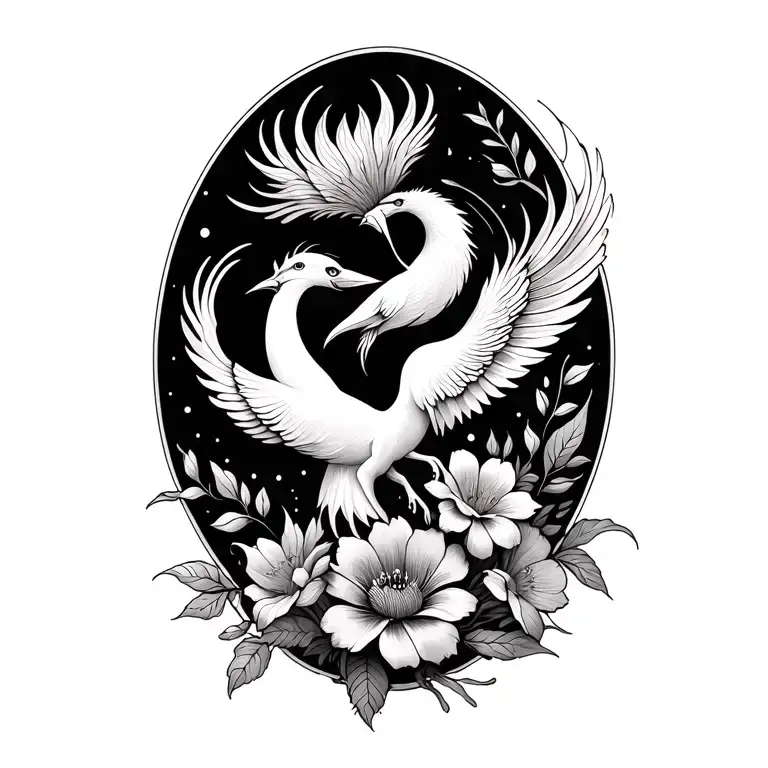fine line flowers and phoenix  imbedded into the flowers tattoo design idea