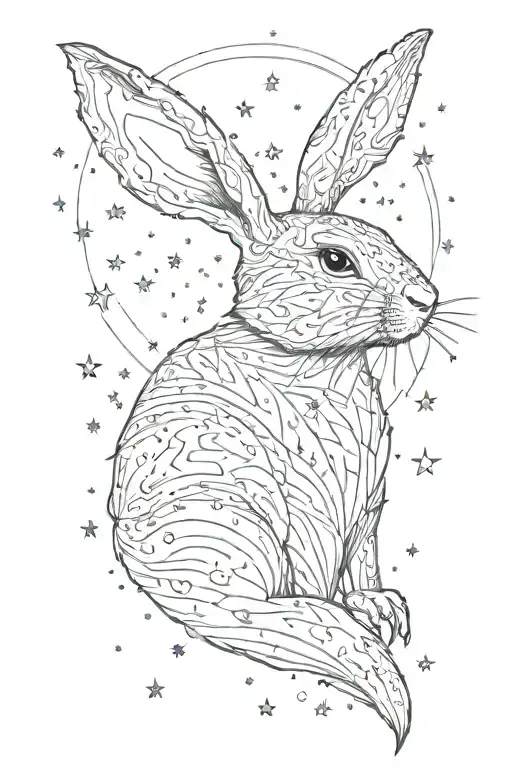Rabbit among the stars in the fog black rabbit stars wavy fog tattoo design idea