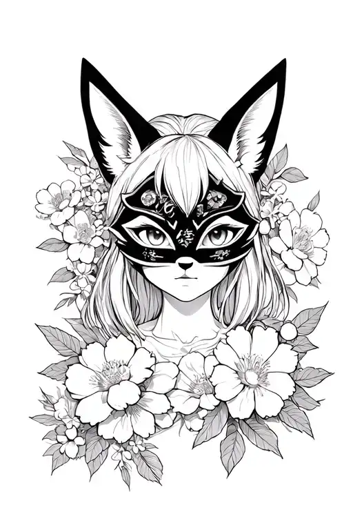 contour black and white sketch of a girl in a Japanese fox mask surrounded by flowers  tattoo design idea