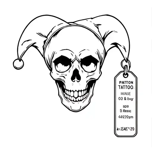 Skull wearing jester hat. Holding dogs tags with JERAY 30442709 O+ tattoo design idea