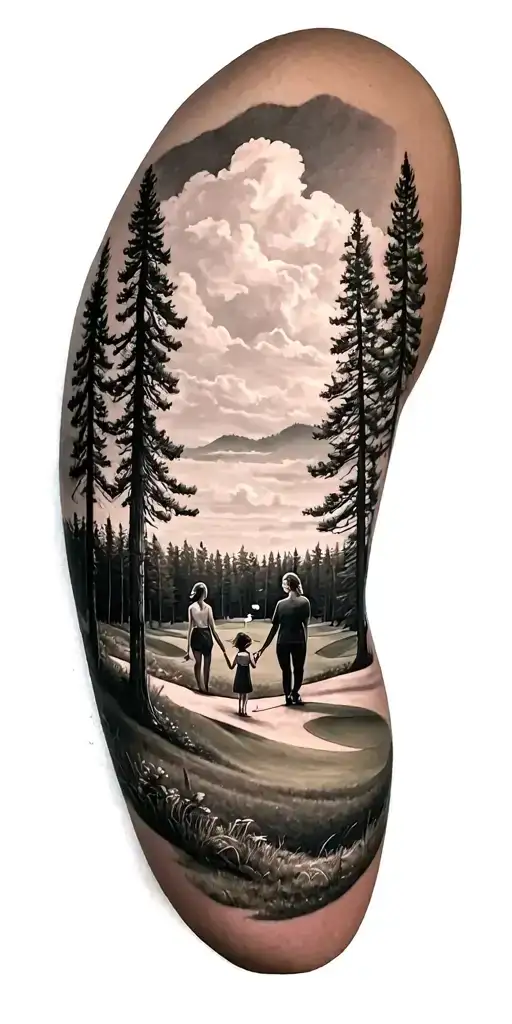 pine forest scene and a couple both female with a daughter in the middle, holding hands, on golf course and ansel adams tattoo design idea