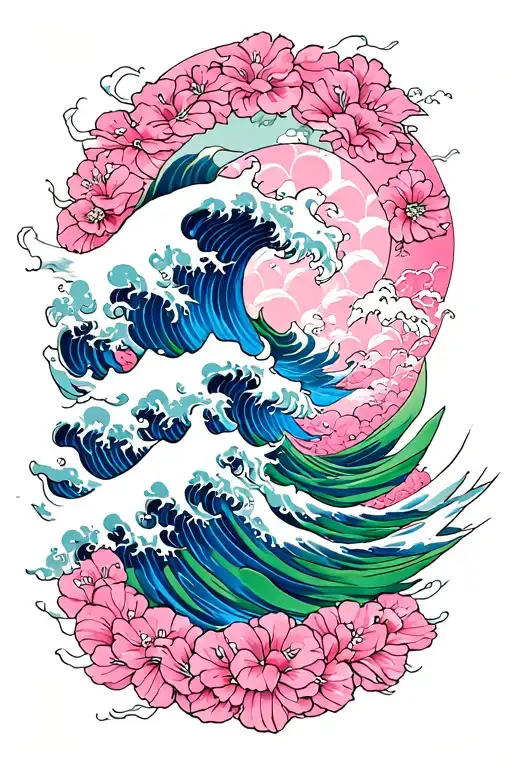 Pink, blue and green Japanese waves tattoo design idea