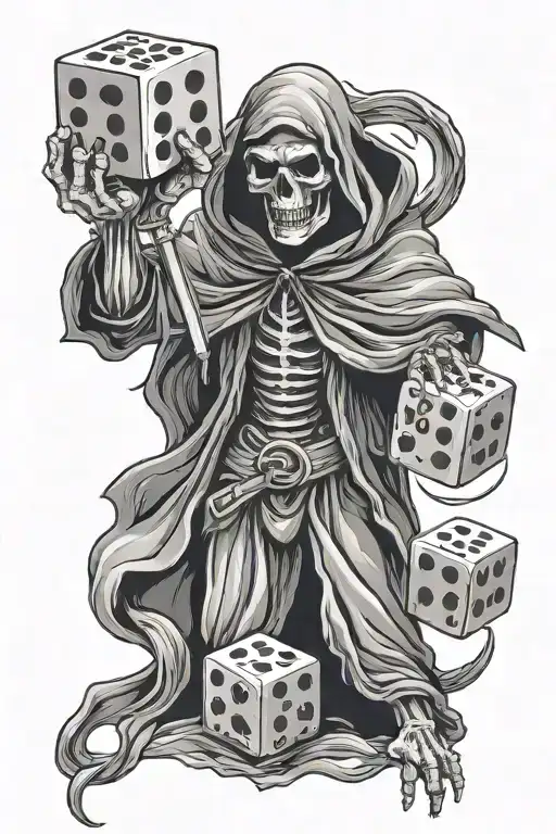 Grim reaper holding a pair of dice symbolizing the gamble tattoo design idea