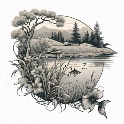 A black-grey tattoo of a serene field scene with hidden fish swimming in the background, inspired by the client's passion for fish keeping tattoo design idea