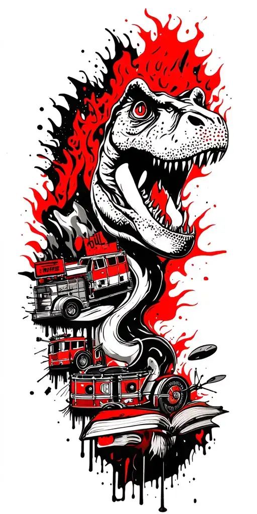 map with landmarks with road, mountains, trex fire truck, mountain bike drum set, cassette tape, book on fire, tattoo design idea
