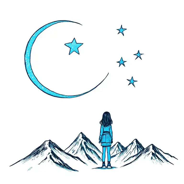 A girl standing in the mountains and looking at a sky blue coloured crescent moon and 3 stars. Add " to the stars who li tattoo design idea