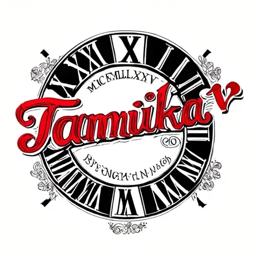 the roman numerals MCMLXXV in black with the name Tamika in red and in cursive overlapping the roman numerals tattoo design idea