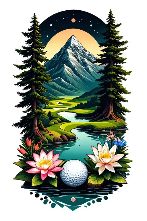 mystical golf course landscape with golf ball mountain flowers pine trees water lily larkspur tattoo design idea