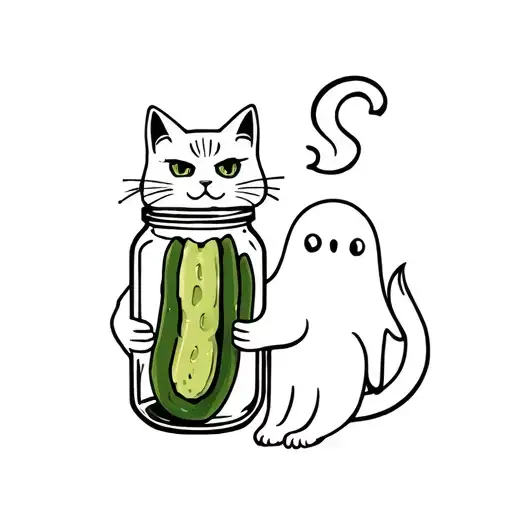 cat holding pickle jar with a ghost tattoo design idea