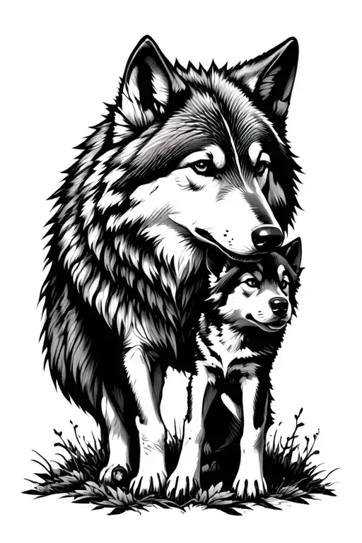 A lone wolf standing strong in the wilderness, surrounded by symbols of survival and battle hardened scars, protecting a small wolf pup representing the client's son tattoo design idea