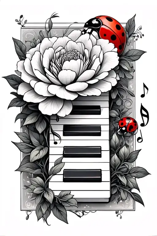 piano keys, music notes, lady bug, peony flower intertwined tattoo design idea