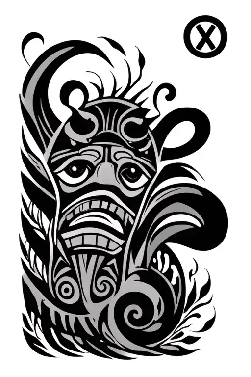 Maori Polynesian calf tattoo with tiki face, koru spirals, roots, glitch lines, swimmer, spine, chevrons, Roman numerals tattoo design idea