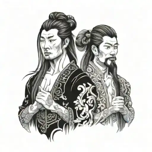 patrons chinese with young men with long hair and two faces handsome tattoo design idea