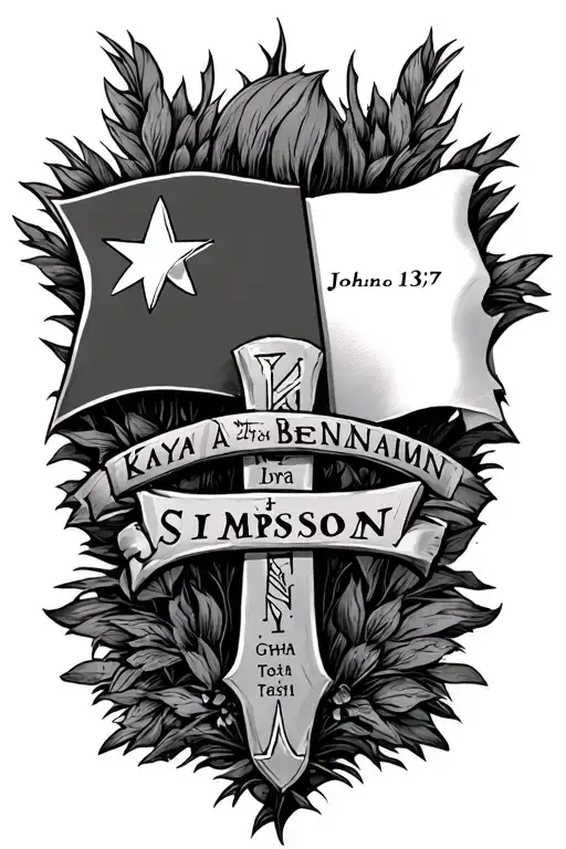  a Texas flag crosses and  add names in order kamya, Benjamin, nya and Simpson and at the scripture John 13:7 tattoo design idea