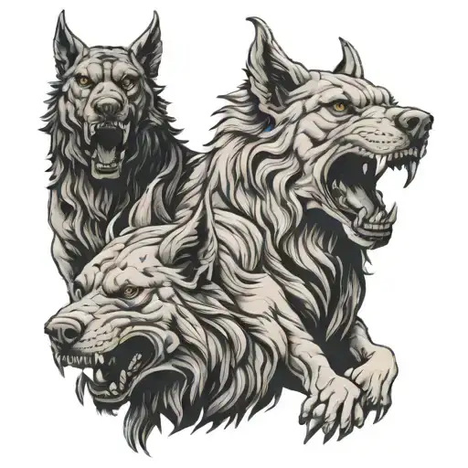 Cerberus 3 heads only with Greek translation of "fuck around and find out"  tattoo design idea