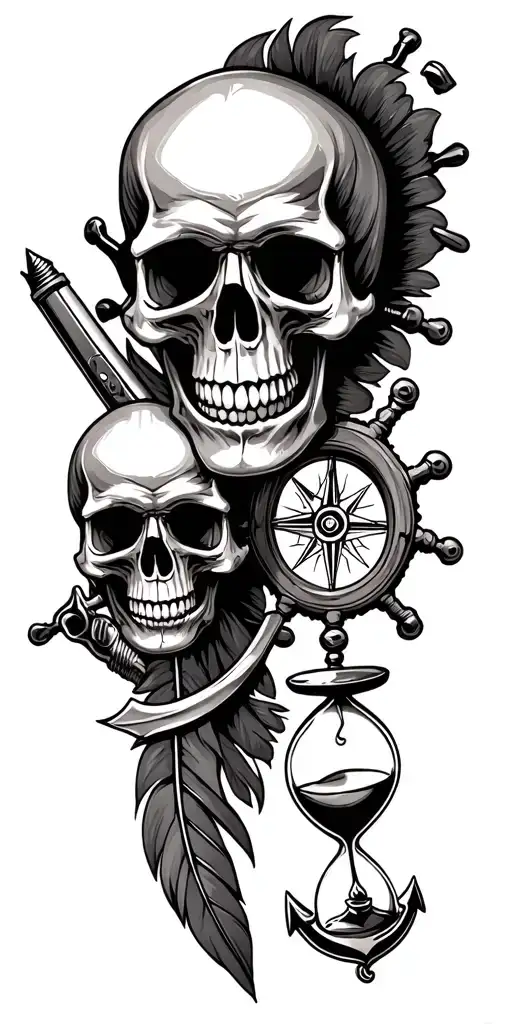 skulls, flintlock pistol, cutlass, quill pen, nautical compass, fouled anchor, ship's wheel, hourglass tattoo design idea
