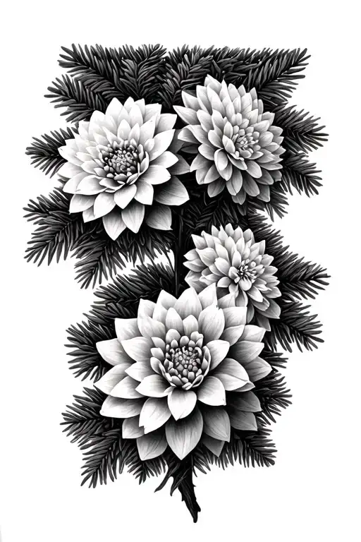 dahlias and Douglas fir tree tattoo design idea