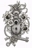 sweet pea & Pansy flowers intertwined old lock & key tattoo design idea