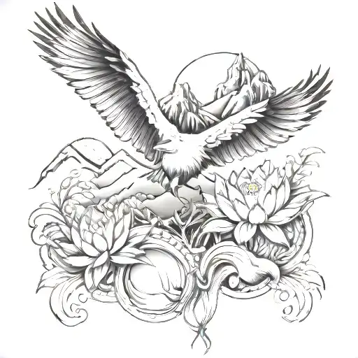 hair in the wind without a helmet with mountains trees a sun a crane and a lotus tattoo design idea