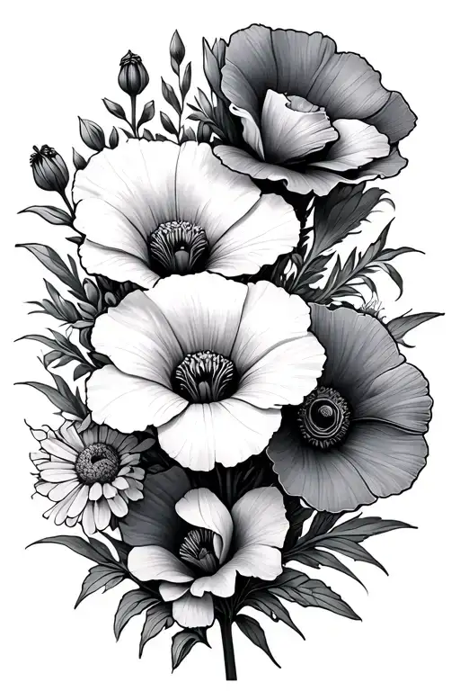 poppy gladiolus morning glory aster marigold cosmos tattoo design idea