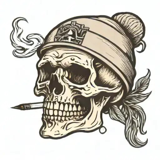 skull wearing beanie and smoking weed tattoo design idea