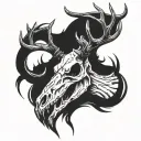 wendigo deer skull with antlers with half the skull as driftwood tattoo design idea