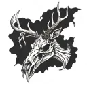 wendigo deer skull with antlers with half the skull as driftwood tattoo design idea