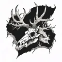 wendigo deer skull with antlers with half the skull as driftwood tattoo design idea