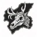 wendigo deer skull with antlers with half the skull as driftwood tattoo design idea