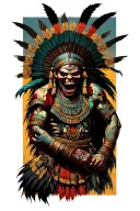 An Aztec underworld protector battling zombies tattoo design idea