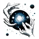 Galaxy themed solar system with reaching hands reaching tattoo design idea