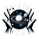 Galaxy themed solar system with reaching hands reaching tattoo design idea