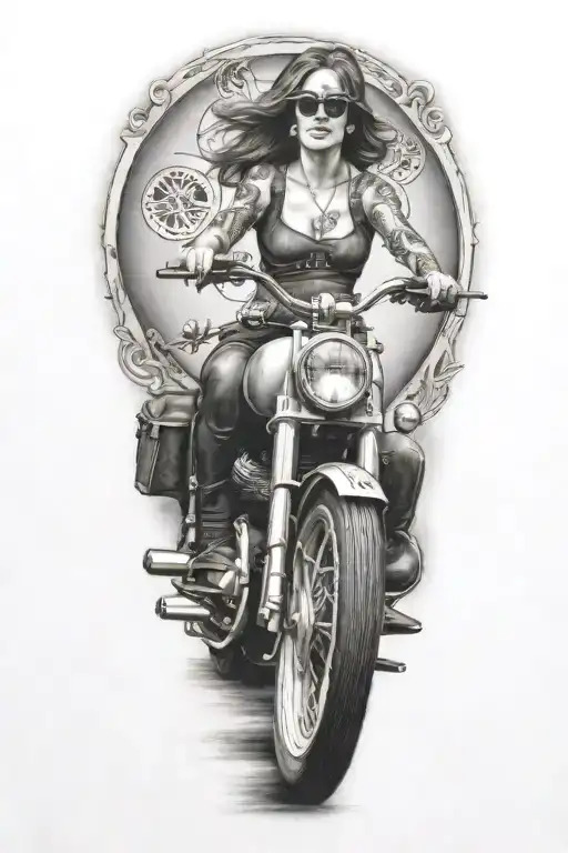 A black and grey tattoo of a woman riding a vintage Harley Davidson motorcycle, with guns and money symbols subtly incorporated into the background tattoo design idea
