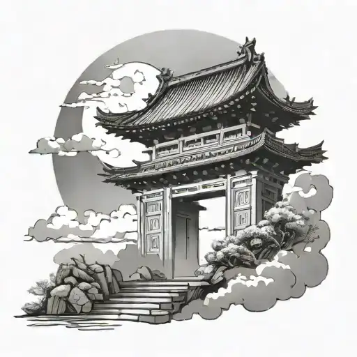 Black and white theme japanese torri gate under the clouds with a warrior beneath looking up the sun tattoo design idea