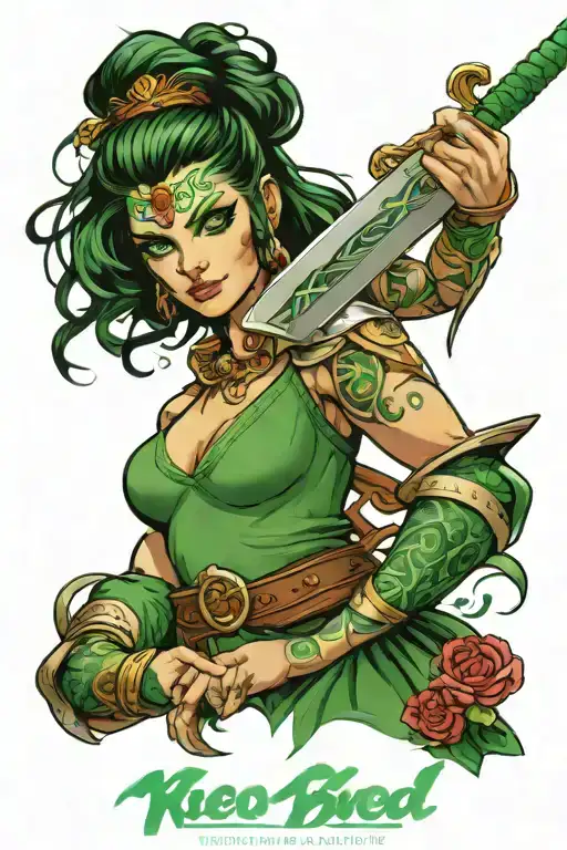 green eyed warrior princess holding sword tattoo design idea